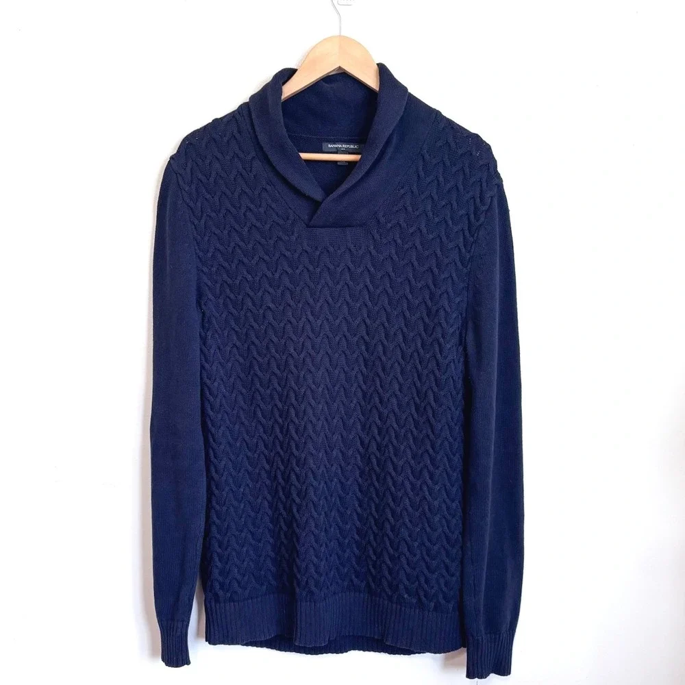 Banana Republic Mens Shawl Collar Cable Knit Sweater Large Navy Fisherman Chunky